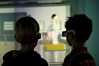 DASA-Museum in Dortmund, Ruhrgebiet, NRW.  Das Bild stellt zwei Kinder mit VR-Brillen dar.
